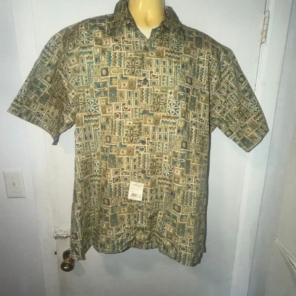 PIERRE CARDIN Vintage Cotton Mosaic Print Button Up Short Sleeve Shirt-XL {NWT}